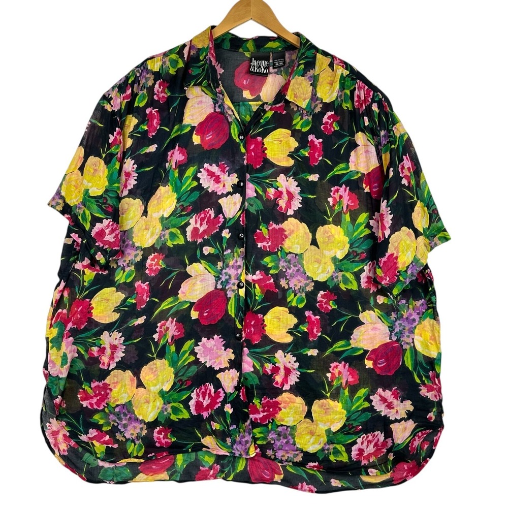 Jacque & Koko 80s Floral Button Up Blouse‎ 26/28 Plus Sheer Cotton Multicolor